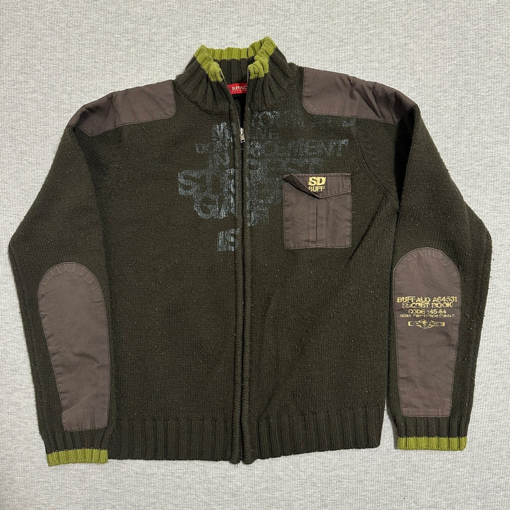 Buffalo David Bitton Full Zip Sweater Olive Green Patchwork Mock Neck Mens M